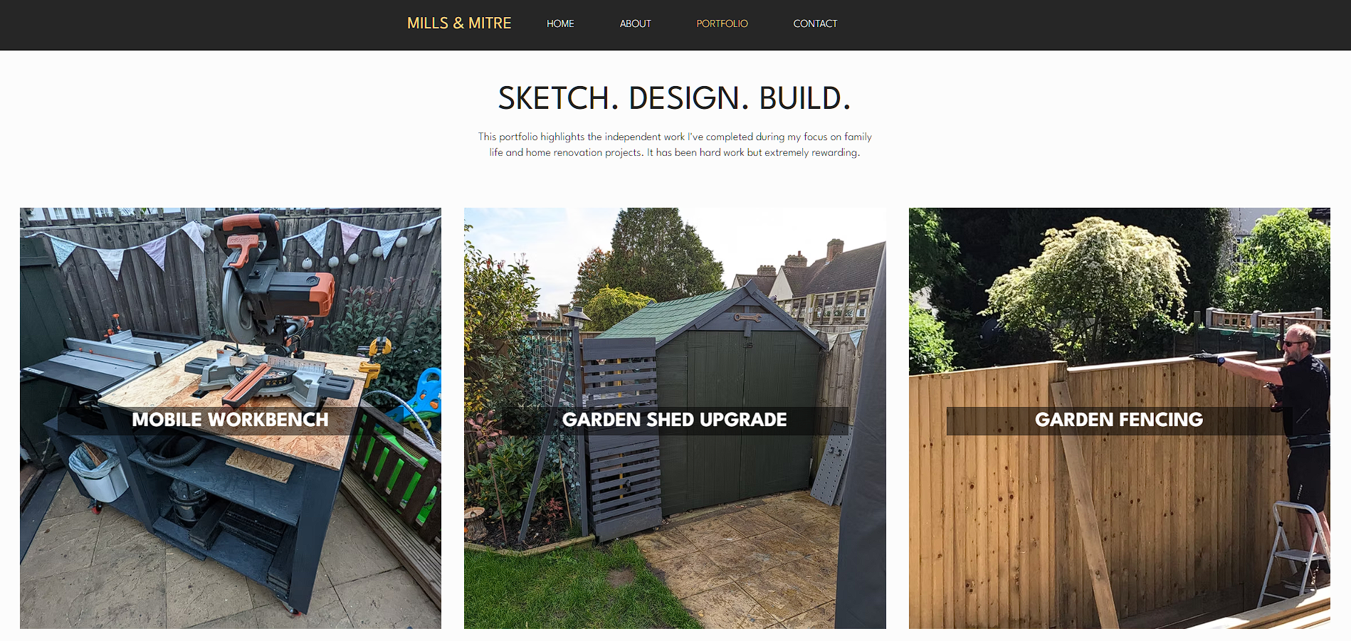 Mills & Mitre portfolio page showing the Mobile Workbench, Garden Shed Upgrade and Garden Fencing projects